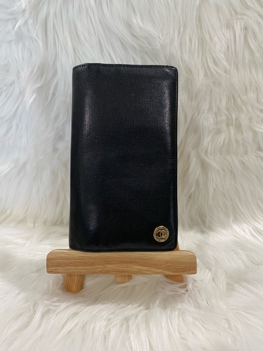 CHANEL Black Leather Long Wallet with Gold CC Button